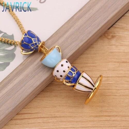 Enamel Stacked Tea Cup Pendant Necklace Long Sweater Chain Woman Fashion Jewelry F3MD