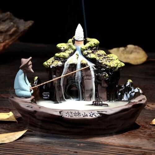 Backflow Incense Burner Old Man Fishing Statue Ceramic Portable Stick Holder Censer Smoke Waterfall Incense Burner Home Decor