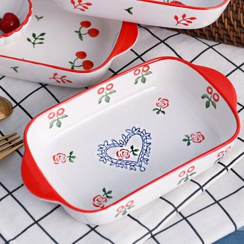 Ceramic Glaze Hand-painted Strawberry Cherry Baking Tray Creative Two-ear Ceramic Baking Tray Baking Cheese Rice Plate