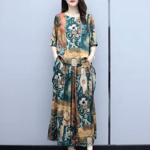 Retro Floral Short Sleeve Round Neck Summer Wide Leg Pants T-shirt Blouse Set Casual Elastic 2020 New Fashion Loose Long Pants