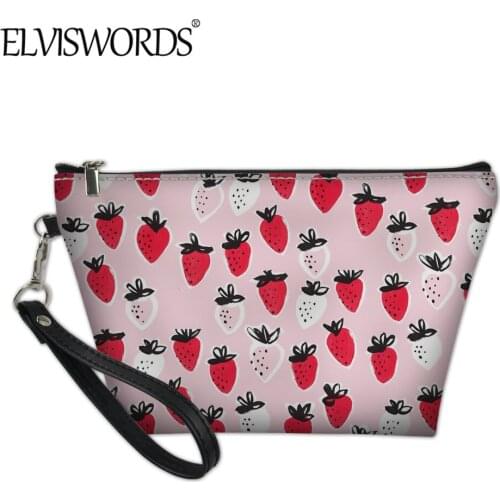 ELVISWORDS Cosmetic Bag Fashion Woman PU Leather Pouch Case Cute Strawberry Pattern Lady Casual Makeup Bags Shipping Handbag