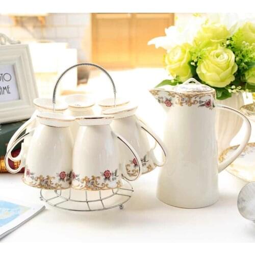 8pcs set, real bone china tea set with steel stander, porcelain cafetera nespresso coffee set, vintage english tea set, ceramic