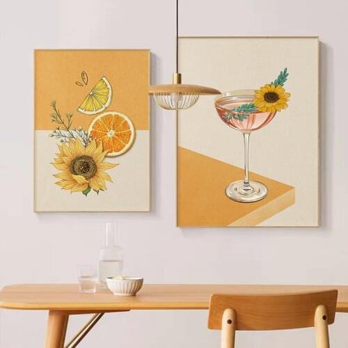 Orange Sunflower Lemon Canvas Painting Nordic Posters and Prints Wine Glass Tableware Wall Art Pictures for Dinning Table Decor