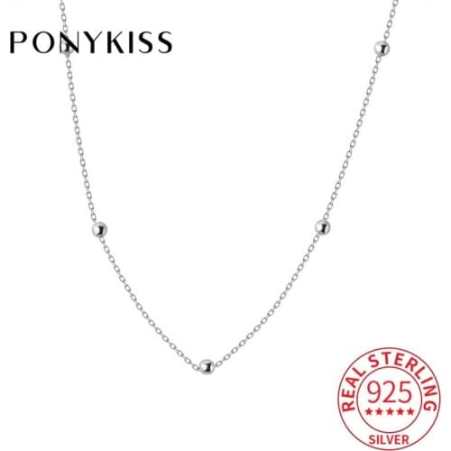 PONYKISS Genuine S925 Solid Sterling Silver Round Bead Choker Minimlist Necklace for Women Delicate Jewelry Birthday Party Gift