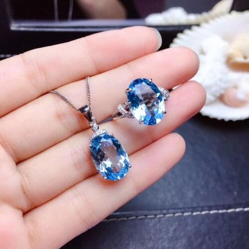 Luxurious big geometry Natural blue topaz stone jewelry sets natural gemstone ring necklace S925 silver Women party gift jewelry