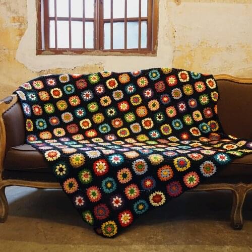 Handmade original Crochet afghan blanket Hand hooked crochet blanket cushion felt pastoral style granny square