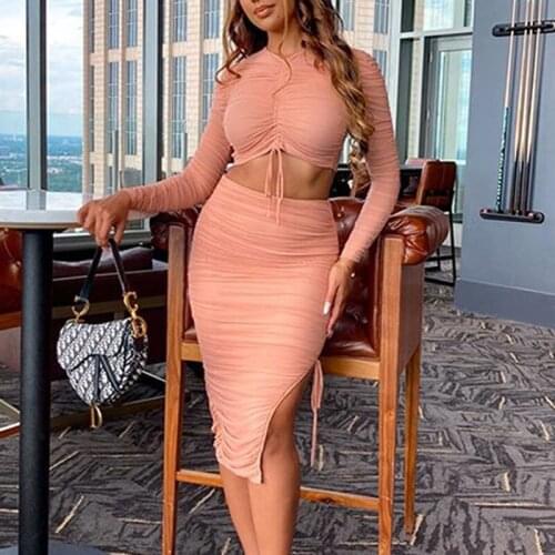 Sexy Women Two Piece Set Mesh Ruched Back Sheer Top Drawstring Midi Skirt Side Split Bodycon Skirt Sets Party Costume