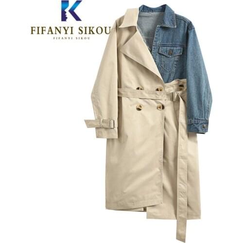Patchwork Denim Women Trench coat Double Breasted Lapel Long Trench coat Asymmetry Fashion Loose Female Windbreaker 2020 Autumn