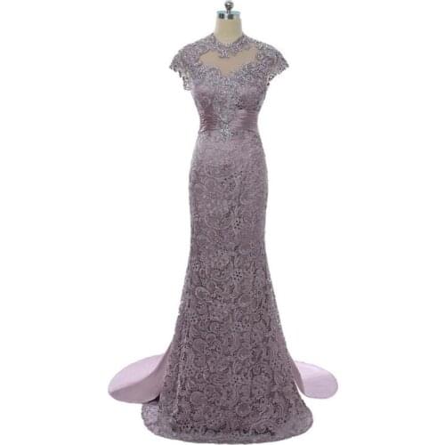 Gorgeous A Line Lavender Lace High Collar Cap Sleeve Mother of the Bride Dresses Back Out Wedding Party Gowns