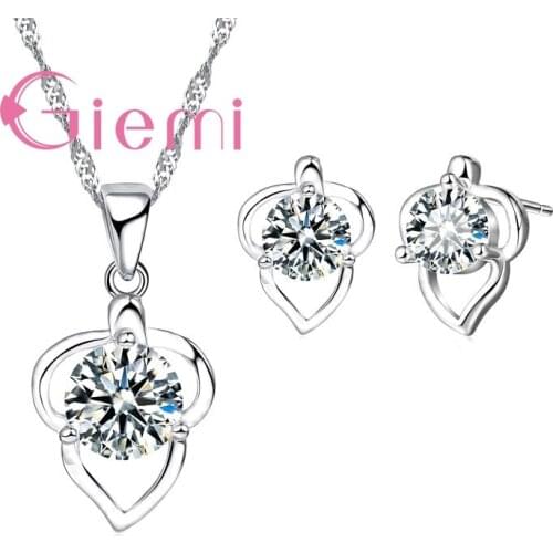 Woman New Wedding Gift 925 Sterling Silver Cubic Heart Shape Water Wave Chain Necklace Stud Earring Set Free Fast Shipping
