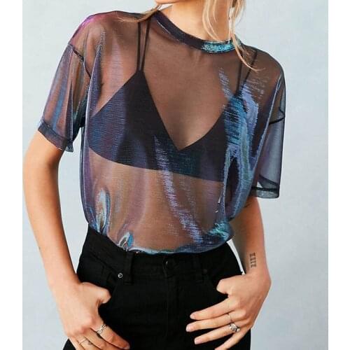 Sexy Mesh Blouse 2021 Summer See-Through Women Shirts Short Sleeve Perspective Shine Casual Women Tops Lady Vintage Blusas
