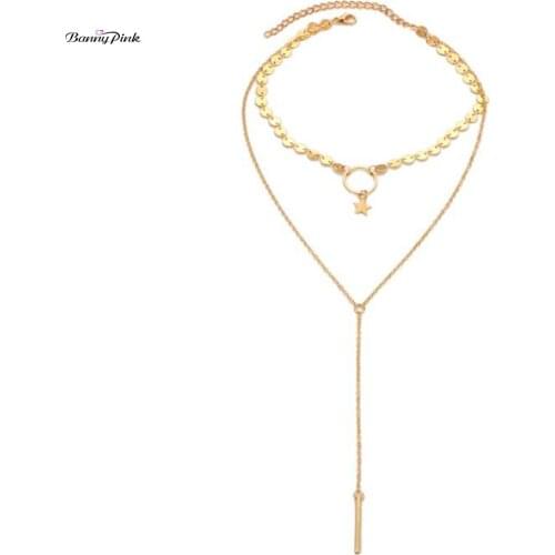 Banny Pink Sexy Copper Sequin Chain Star Choker Necklace For Women Sexy 2 Rows Long Y Pendant Choker Collar Body Clavicle Chain