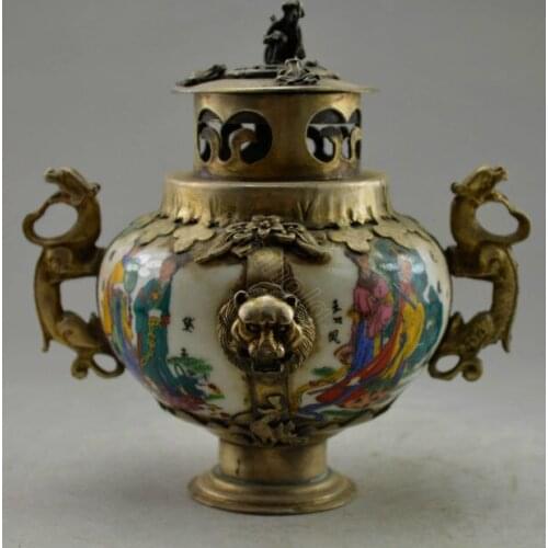 Collectible Decorated Old Handwork Porcelain & Tibet Silver Belle Incense Burner