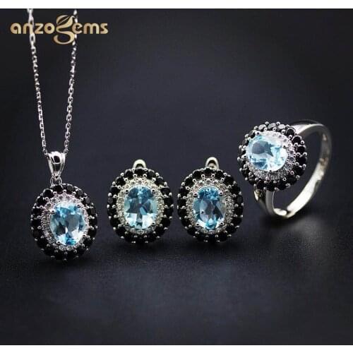 Anzogems 100% natural blue topaz jewelry set solid 925 sterling silver oval 9*7mm gemstone ring earrings pendant womens classic