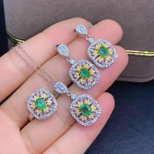 Real Natural Emerald jewelry set Natural Real Emerald 925 sterling silver 1pc pendant,1pc ring,2pcs Earring
