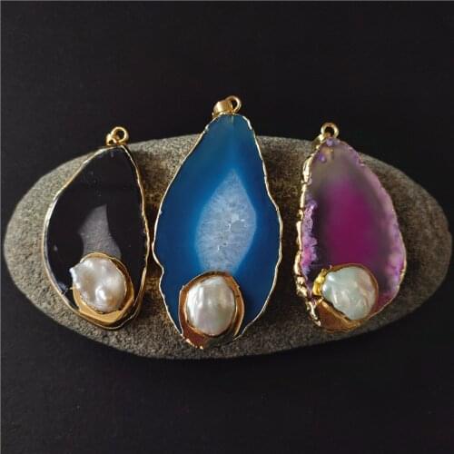 FUWO Natural Agates Slice Pearl Charm Pendant With Gold Trimmed Irregular Shape Onyx Quartz Pendant For Necklace Making PD258