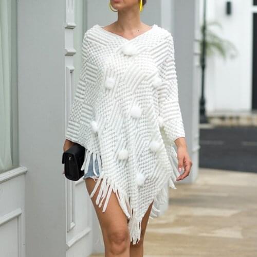 Autumn 2019 Women Cloak Sweaters Women Fashion Tassel Hairball Knitted Shawl For Female Pullovers Casual Jumper Loose Oversize
