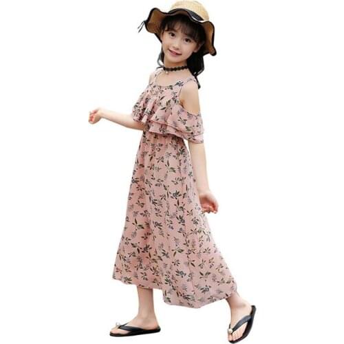 Girls printing Dress Summer Children Chiffon Dress Show Shoulder Bohemia vest Beach dresses princess long dresses 5-12 years