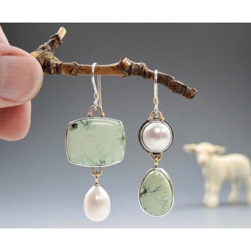 Retro Asymmetric Oxidized Ancient Silver Earrings Handmade Sapphire Agate and Freshwater Pearl Pendant Earrings Bohemian Jewelry