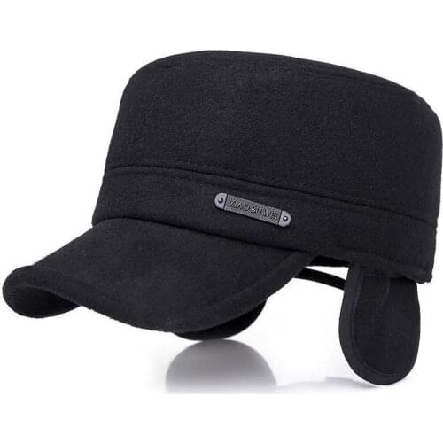 Vintage Military Hat Men Flat Top Cap Autumn Winter Warm Earflap Hats Man Male Adjustable Army Cap