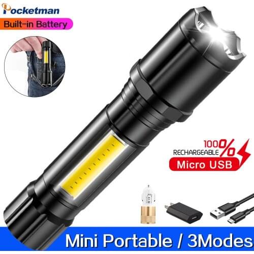LED Flashlight COB Side Light Flashlight USB Rechargeable Torch Waterproof Hand Light Pocket Flashlight With Built-in Battery