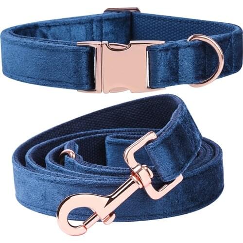 Unique Style Paws Velvet Dog Cat Collar Deep Blue Adjustable Collar and Leash Set