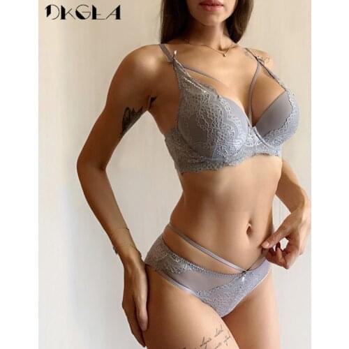 New Gray Bras Women Underwear Set Cotton Thick Brassiere Black Bandage Sexy Push Up Bra Panties Set Lace Lingerie Embroidery