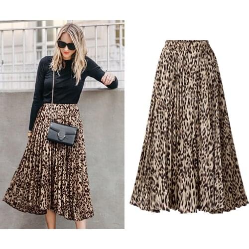 Leopard Print Pleated Long Skirt Women Elastic High Waist Chiffon Skirts Summer 2020 Elegant Female Skirt Bottom Streetwear