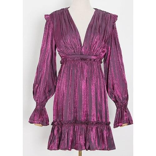 SeeBeautiful Simple Sexy V-neck Lantern Sleeve High Waist Ruffles Pleated Loose Dress Woman Spring 2021 New Fashion T396