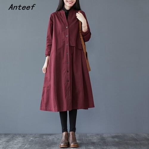 Long sleeve plus size cotton linen vintage dresses for women casual loose spring autumn shirt dress elegant clothing 2021