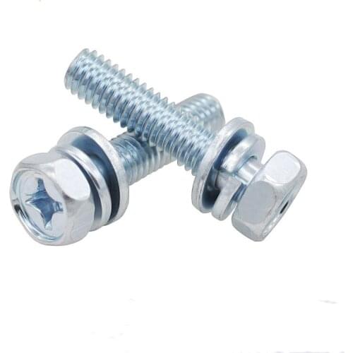10pcs M8 cross slot hexagon head screws spring pad washer three combinations screw blue and white zinc GB9074.13 12mm-35mm long
