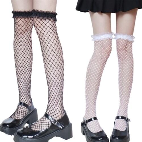 2Pcs Japanese Women Fishnet Thigh High Stockings Anime Lolita Kawaii Sweet Ruffles Trim Hollow Out Mesh Over Knee Long Socks
