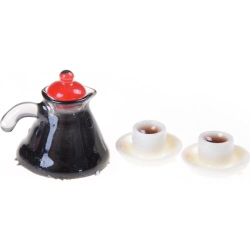 3 pcs/ Set Coffee Pot Cup and Saucer Dollhouse Miniature 1xcoffee pot 2xcoffee cup and saucer Kitchen Pretend Play Toys