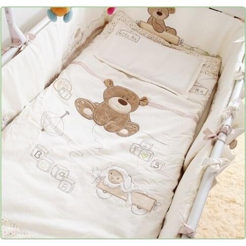 Promotion! 7PCS Embroidery Baby Bedding Set for Crib Newborn Baby Bed Linens for Bear Detachable ,(bumpers+duvet+sheet+pillow)