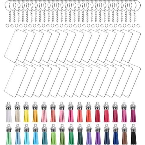 Acrylic Keychain Blank Acrylic Transparent Ornament Pendants and Rectangle Keychain Tassels Jump Rings Set for DIY Craft