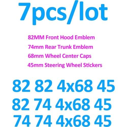 Car Styling 7pcs/lot Front Emblem 82mm Rear Trunk Badge 74mm Car Wheel Hub Center Cap 68mm 45mm Steering wheel sticker