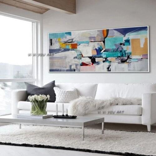 Large Horizontal Panoramic Abstract Wall Art Colorful Blue Modern Contemporary Artwork Painting Decoration Office Living Room