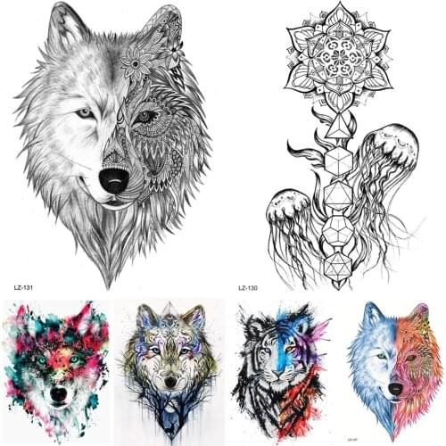 Black Tribal India Sea Jellyfish Large Wolf Tattoos Temporary Body Big Tattoo Stickers 3D Summer Style Fake Tatoo Waterproof