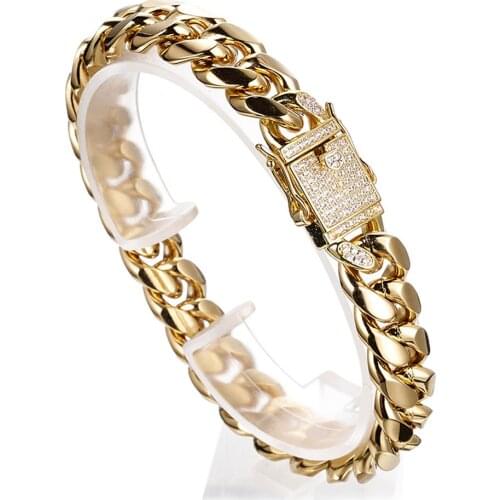 7-11" Fashion Crystal Clasp Stainless Steel Gold Tone Cuban Miami Curb Chain Mens Womens Bangle Bracelet Jewelry Xmas Gift 12mm