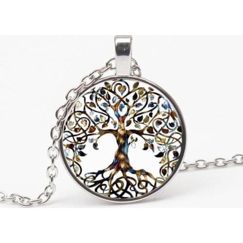 Fashion Retro Life Tree Art Pattern Pendant Necklace Jewelry Charm Glass Religious Long Chain Sweater Accessories Women Gifts