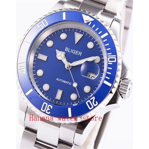 Sapphire Crystal BLIGER 40MM Blue Dial Ceramic Bezel Luminous Marks Date MIYOTA Automatic Movement Mens Wrist Watch