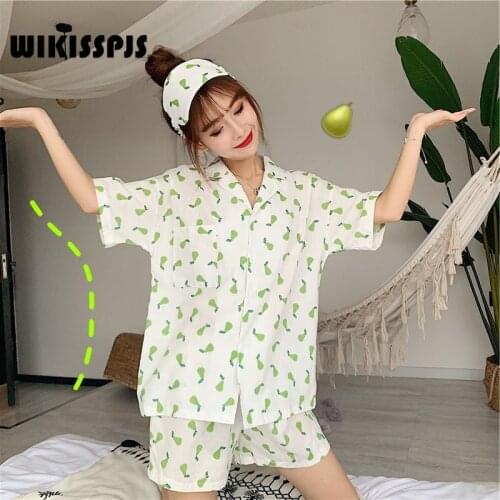 WIKISSPJS Korean Pear Printed Home Wear Summer New Short Sleeve Comfortable Casual Girls' Pajamas with Eye Mask Set Loungewear
