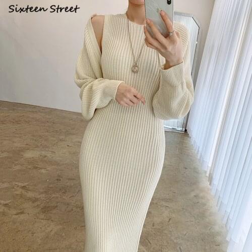Elegant Knitted Woman Dress with Coat Autumn Winter Apricot High Waist Sleeveless Knit Dress Vestidos Female Warm Chic Clothing