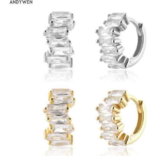 ANDYWEN 925 Sterling Silver Gold Square Zircon Huggies Clips Piercing Pendientes Luxury Jewelry Clips Fine Jewelry Rock Punk