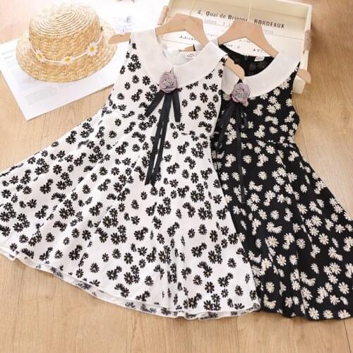 Baby girl summer vintage floral printed dress kids sleevess casual a-line chiffon dress