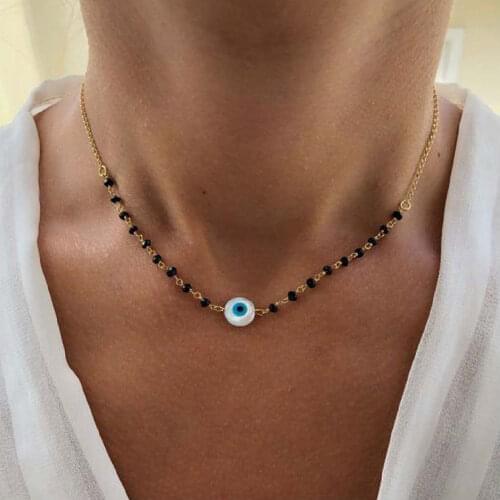 HaHaGirl Fashion Black Crystal Glass Bead Chain Choker Necklace For Women Bohemian Eye Pendant Necklace Jewelry Party Girls Gift