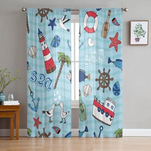 Sea Element Lighthouse Cruise Ship Seagull Tulle Curtain Voile Transparent for Bedroom Living Room Kitchen Sheer Window Curtains