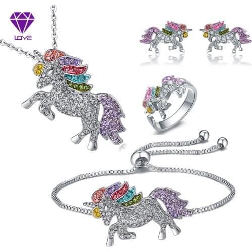 Cartoon Colorful Unicorn Necklace Earrings Bracelet Set Valentines Day Gift Jewelry