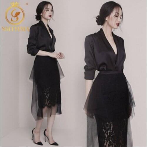 Fashion Runway Sexy V-Neck Womens Tops And Blouses 2021 Designer 2 Pieces Set Womens Lace Gauze Patchwork Pleated Skirt Suit