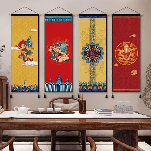 Chinese Style Dragon Phoenix Print Scroll Hanging Paintings Poster Wall Art Printed Canvas Painting Modern Home Decoration